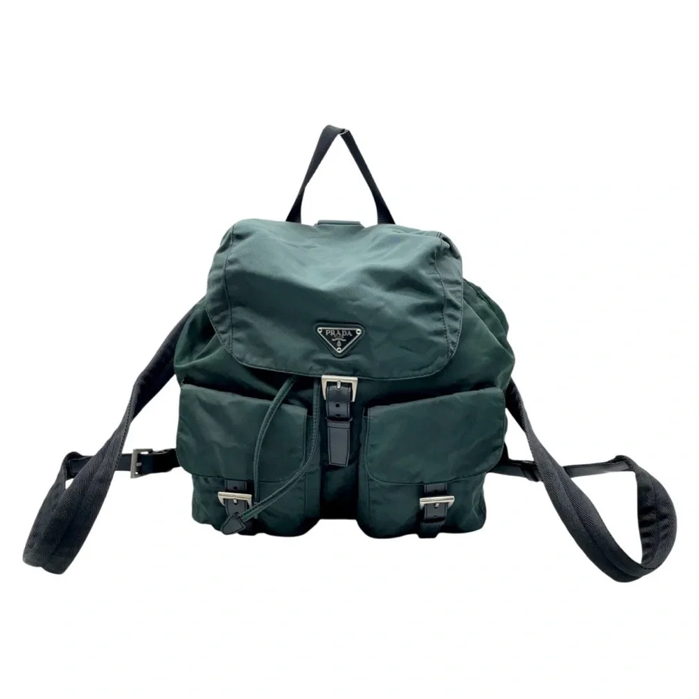 PRADA Vela Double Front Pockets Nylon Backpack Green COA & Dust Bag Medium - Picture 3 of 16